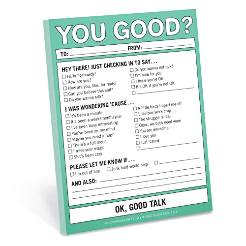 Notepad with "YOU GOOD?" headline and checkable boxes for humorous responses.