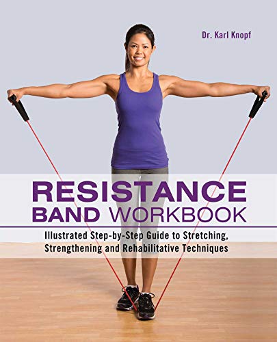 A woman in a purple tank top exercises with red resistance bands.
