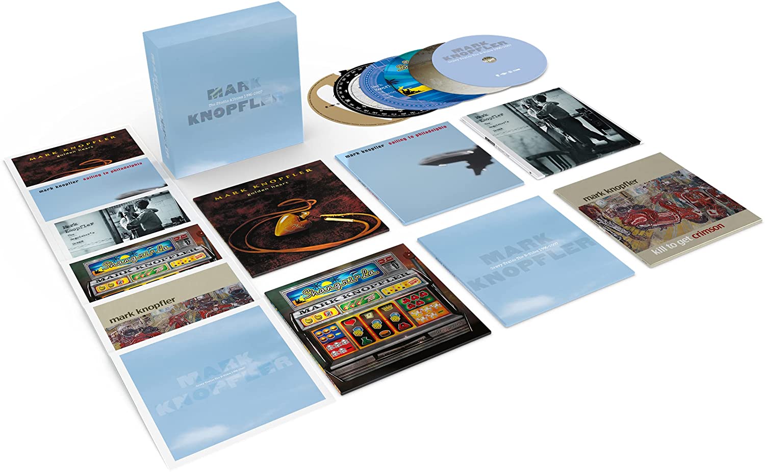 Mark Knopfler’s 6-CD album set, light blue cover, text details.
