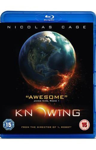 Blue-ray case with "Knowing" cover, featuring earth on fire and Nicolas Cage's name.