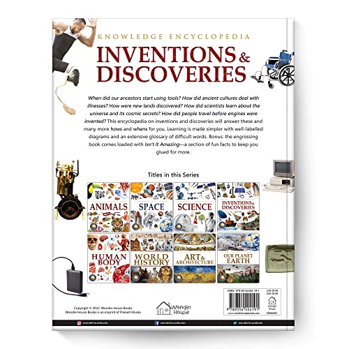 Book cover with title Inventions & Discoveries and various images of inventions.