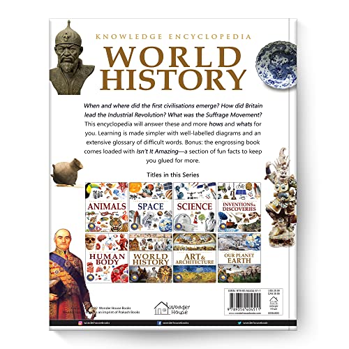 Book cover: "Knowledge Encyclopedia World History" with historical images and text.