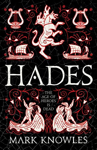 Book cover for "Hades" with a chimera, ships, and lyres in red on black.