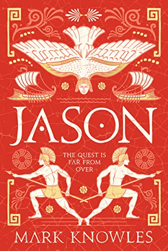 Book cover featuring two Greek warriors, ships, and a bird on a red background.