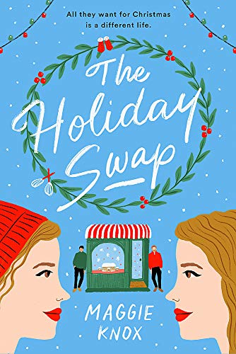 Book cover with two women’s faces, a shop, and festive decorations.