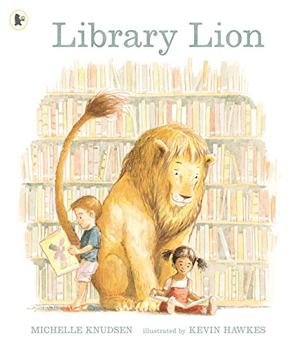 Book cover showing a large lion with two children in front of bookshelves.
