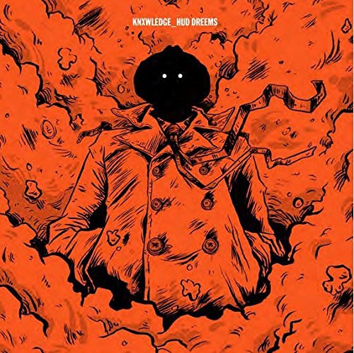Knxwledge album cover: illustrated figure in a coat on orange background.