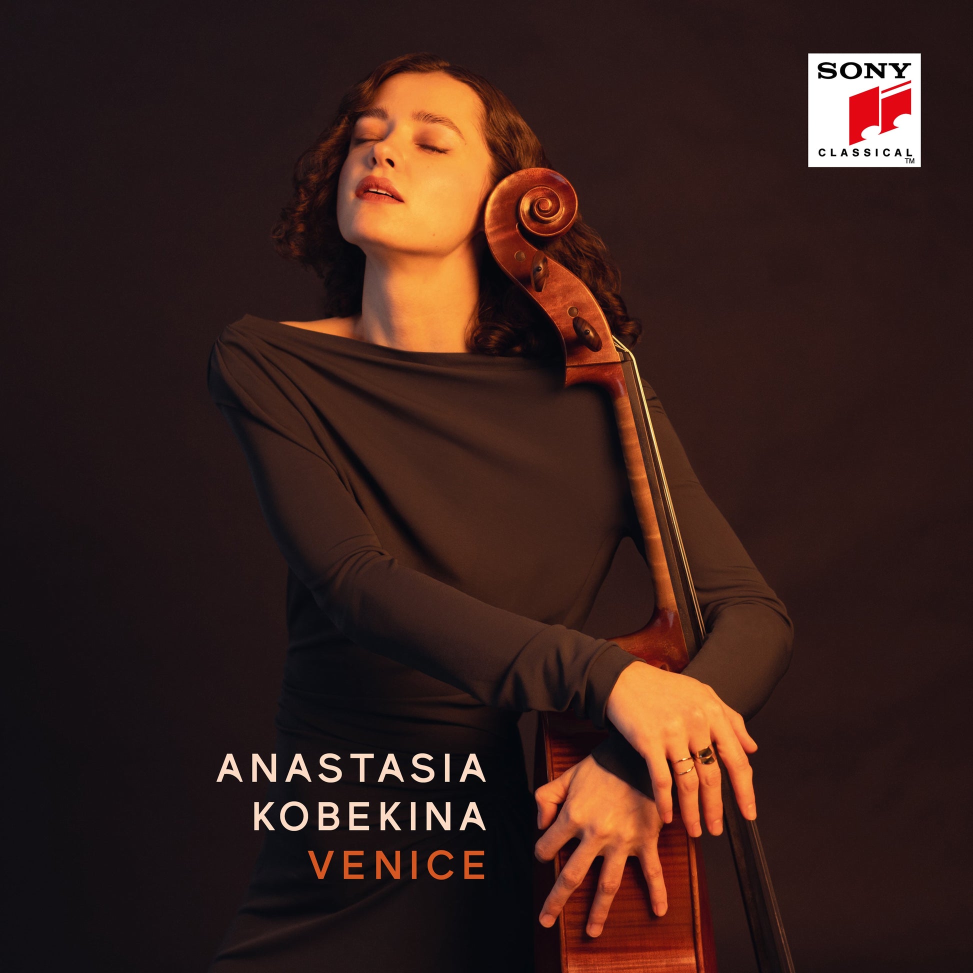 Anastasia Kobekina with a cello, album cover for "Venice" on Sony Classical.
