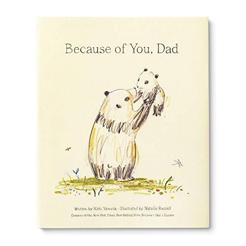 Book cover: “Because of You, Dad” with a panda father and cub illustration.