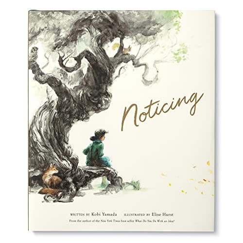 Book cover with illustrated tree, child, and fox, titled "Noticing".