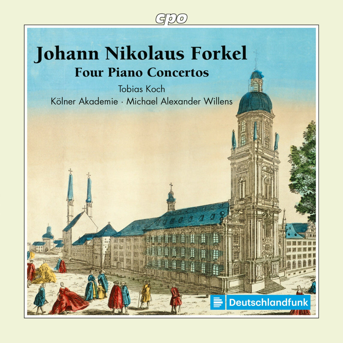 CD cover for Forkel’s Four Piano Concertos featuring a baroque church illustration.