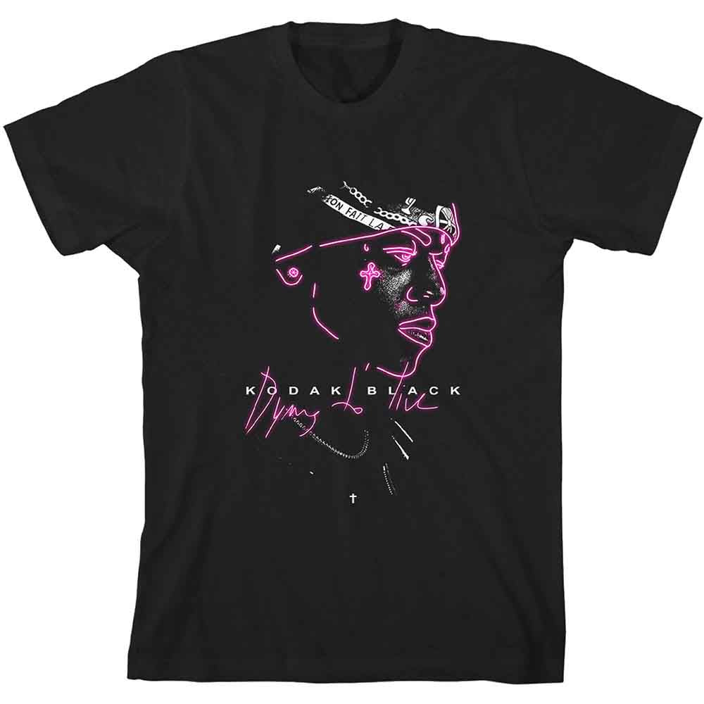 Black t-shirt with a neon pink and white Kodak Black portrait design.