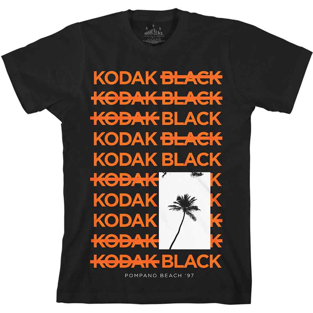 Black t-shirt with repeating "Kodak Black" text and a palm tree graphic.