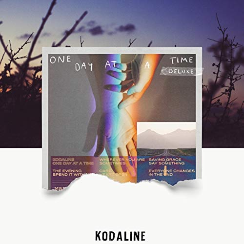 "Kodaline album cover with entwined hands and landscape images, titled 'One Day At A Time'."