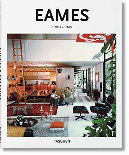 Book cover titled Eames showing a mid-century modern living room with two people sitting.