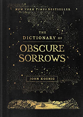 Book cover of The Dictionary of Obscure Sorrows with gold text on a starry background.