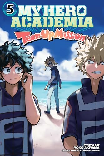 Manga cover featuring Izuku Midoriya and Katsuki Bakugo standing on a beach with All Might.