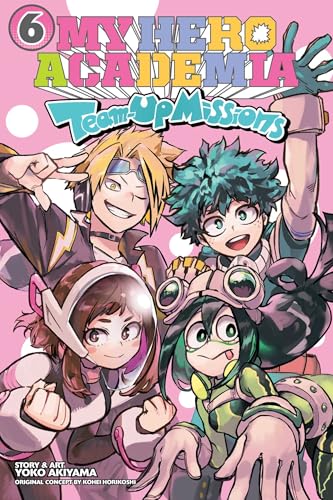 Manga cover featuring Denki Kaminari, Izuku Midoriya, Ochaco Uraraka, and Tsuyu Asui on pink background.
