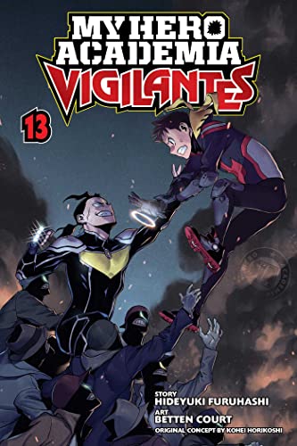 Manga cover showing two characters in hero suits jumping above a crowd of people.