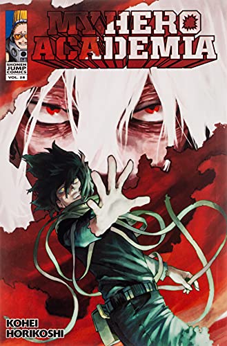 My Hero Academia volume 28 cover: a red background with characters.
