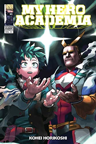 Manga cover featuring Deku and All Might with bright light stars on dark background.