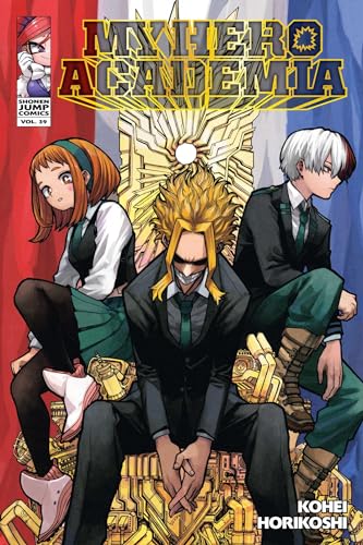 Manga cover showing All Might seated on a golden throne with two students nearby.