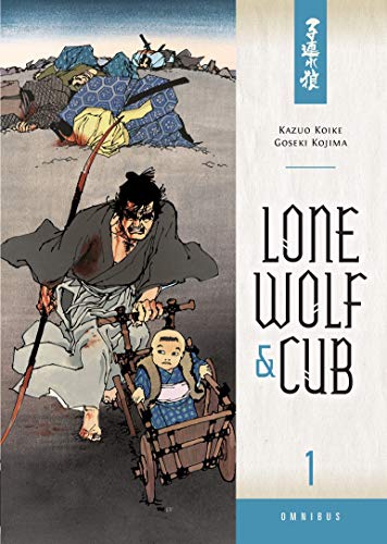 A samurai pushes a child in a wooden cart past fallen warriors on the ground.