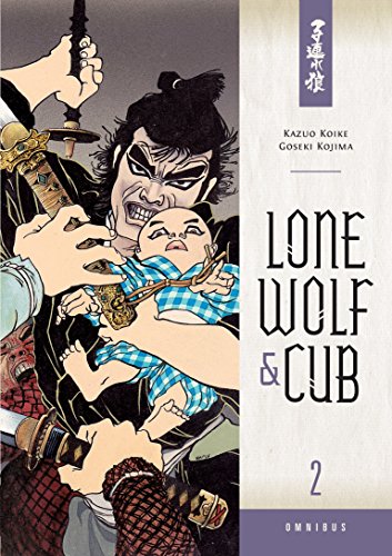 Comic book cover: a stern man carries a baby, swords visible.