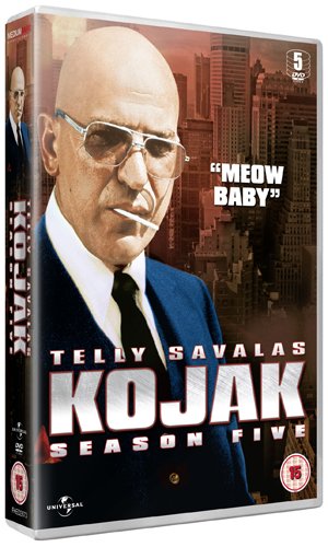 DVD cover for Kojak Season Five featuring Telly Savalas with a lollipop.