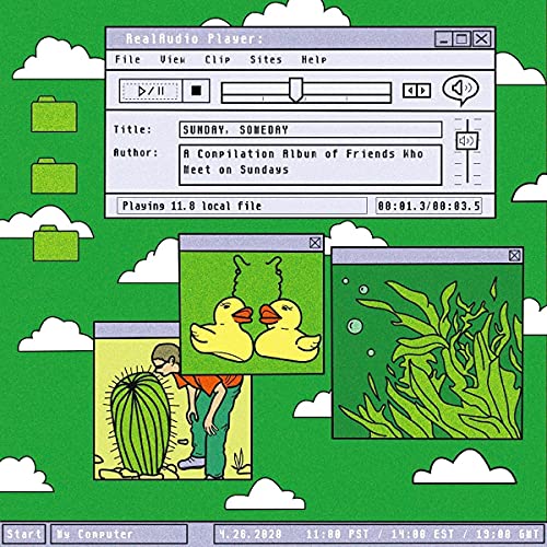 Vinyl cover art featuring a retro computer interface on a green, cloudy background.