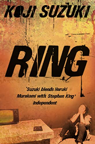 Book cover for "Ring" by Koji Suzuki, featuring dark imagery and a seated figure.