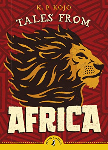 The image depicts the cover of the book "Tales from Africa" by K.P. Kojo. A concise, descriptive alt text for this image is: "Book cover with lion's head on red patterned background."