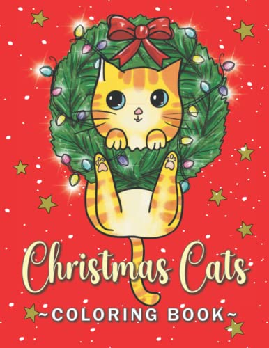 Orange tabby cat peeking through a Christmas wreath with colorful lights.