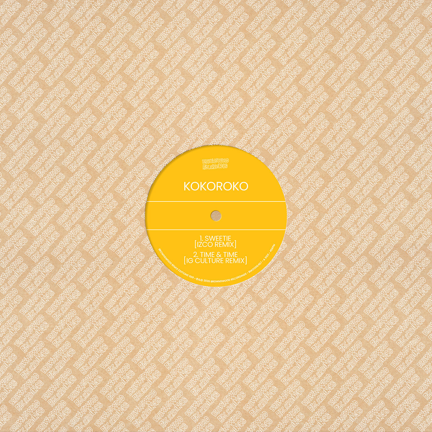 Yellow vinyl record label for Kokoroko’s “Sweetie [Izco Remix]” and “Time & Time.”