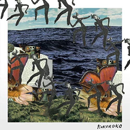 Collage of silhouetted figures, ocean waves, and colorful floral elements.