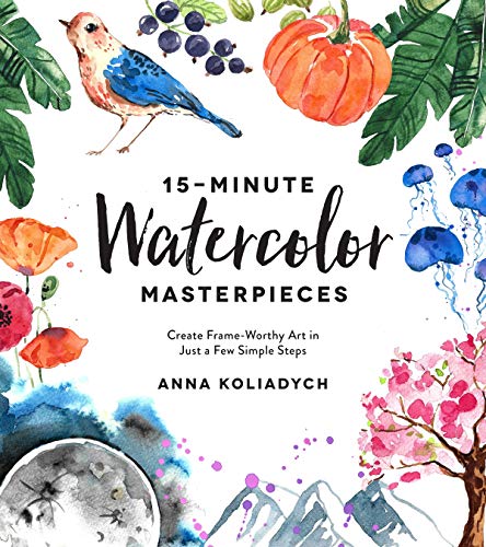 Watercolor painting book cover with bird, flowers, pumpkin, and mountains.