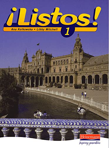 “¡Listos! 1” textbook cover with a Spanish plaza and boats below.