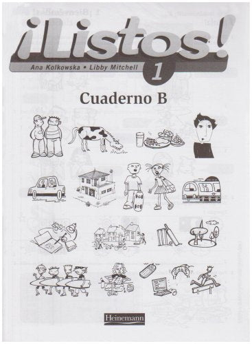 “Listos! 1” workbook cover with black and white illustrations of everyday objects.
