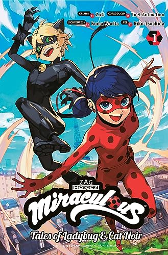 Ladybug and Cat Noir pose in front of a Parisian cityscape on a manga cover.
