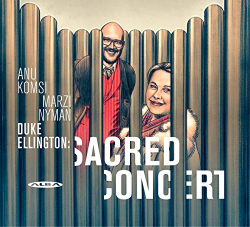 Album cover for Duke Ellington’s “Sacred Concert” featuring portraits and organ pipes.