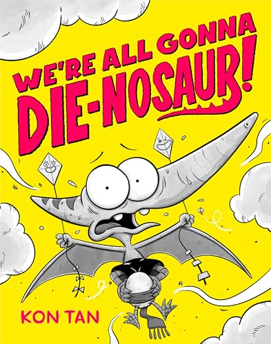 Cartoon pterodactyl with wide eyes flies with a worried expression.
