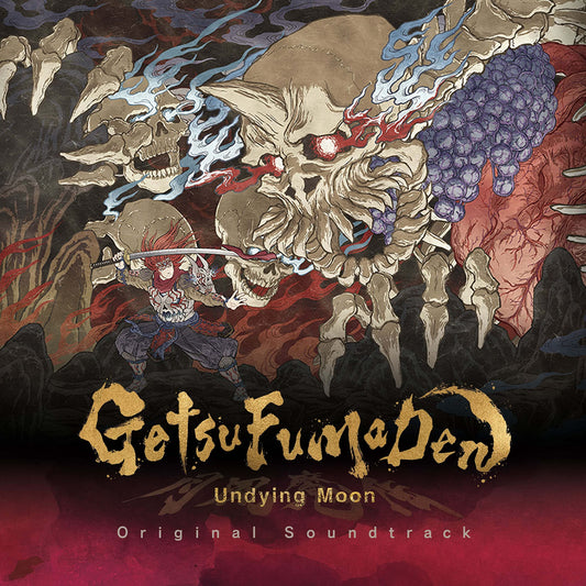 A warrior with a sword fights a giant skull monster in this ukiyo-e style illustration.