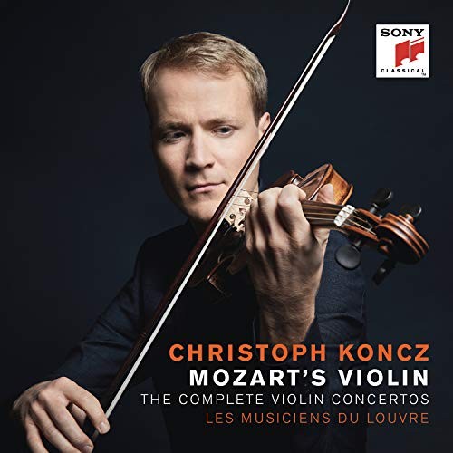 Christoph Koncz playing a violin, album cover for Mozart’s violin concertos.
