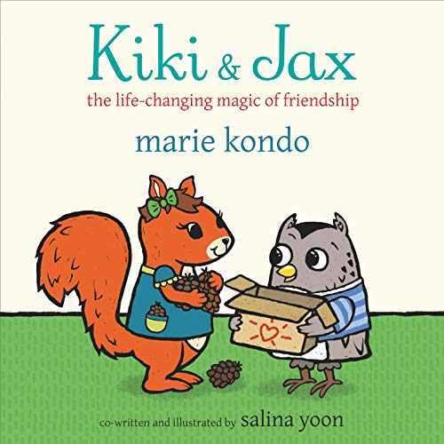 Book cover showing a squirrel and owl sharing pinecones from a cardboardC cardboardL cardboard box.