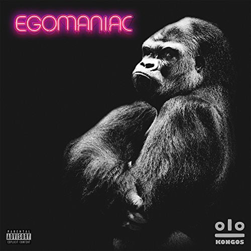 Gorilla portrait with pink "Egomaniac" text on a black background.