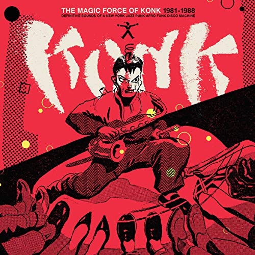 Red album cover featuring a stylized illustration of a guitarist.