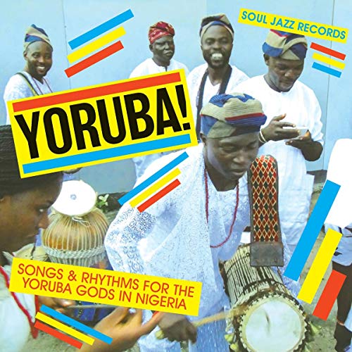CD cover featuring Yoruba musicians in traditional clothing with drums.