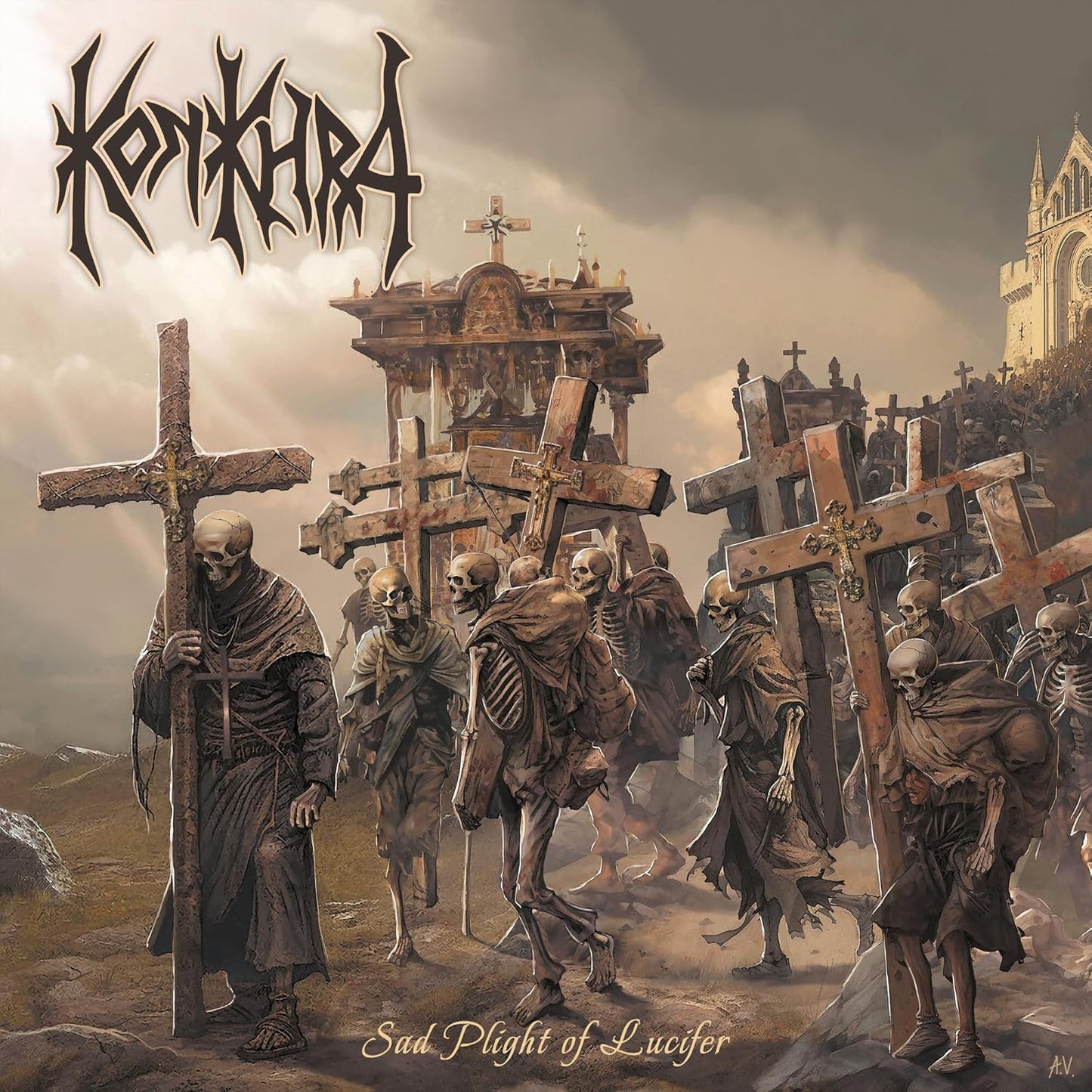 Album cover: Konkhra, "Sad Plight of Lucifer," showing skeletal figures and crosses.