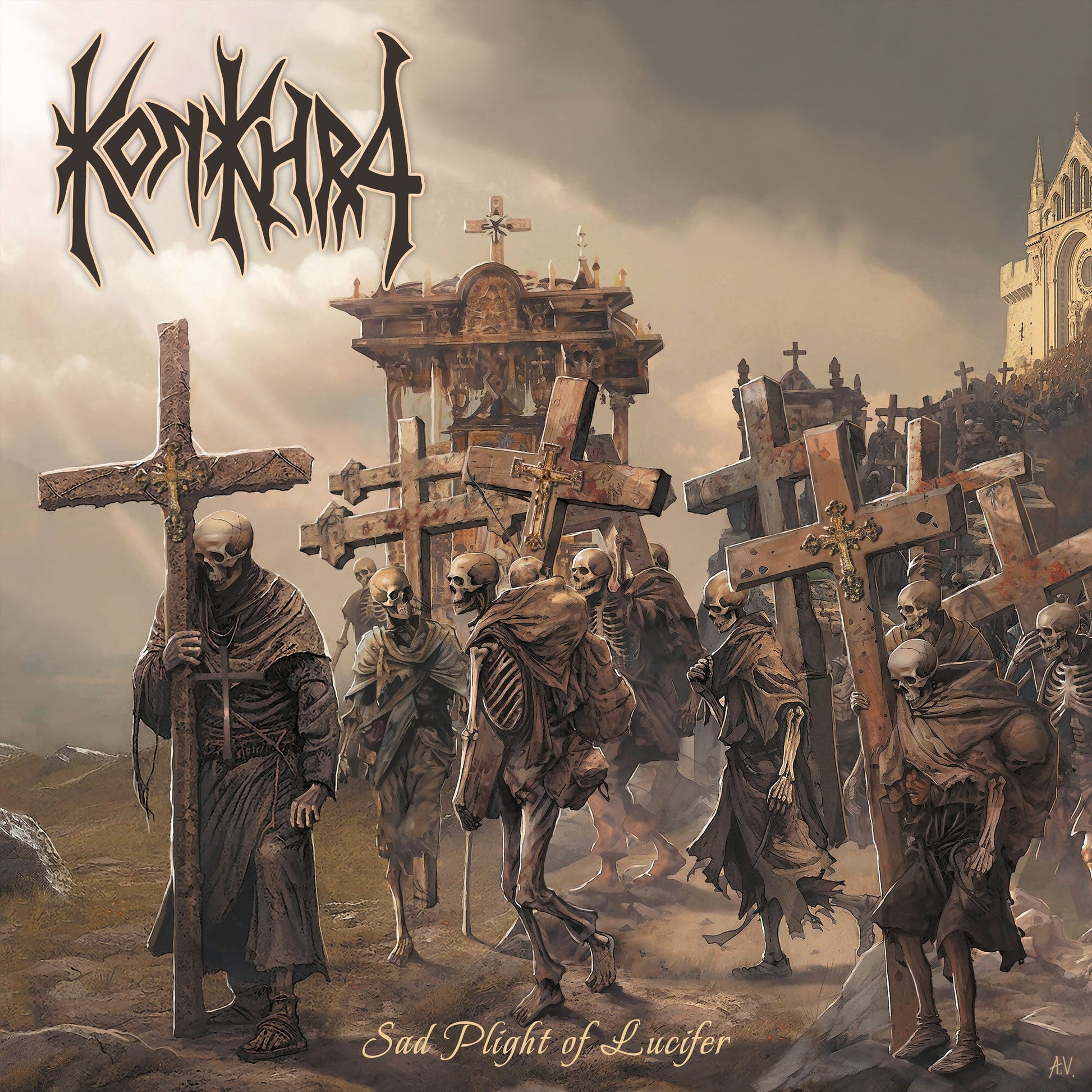 Album cover: skeletal figures among crosses in a desolate graveyard.