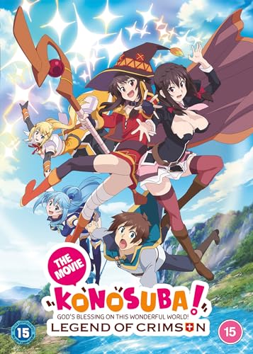 Anime characters from Konosuba flying against a blue sky with a movie title logo.
